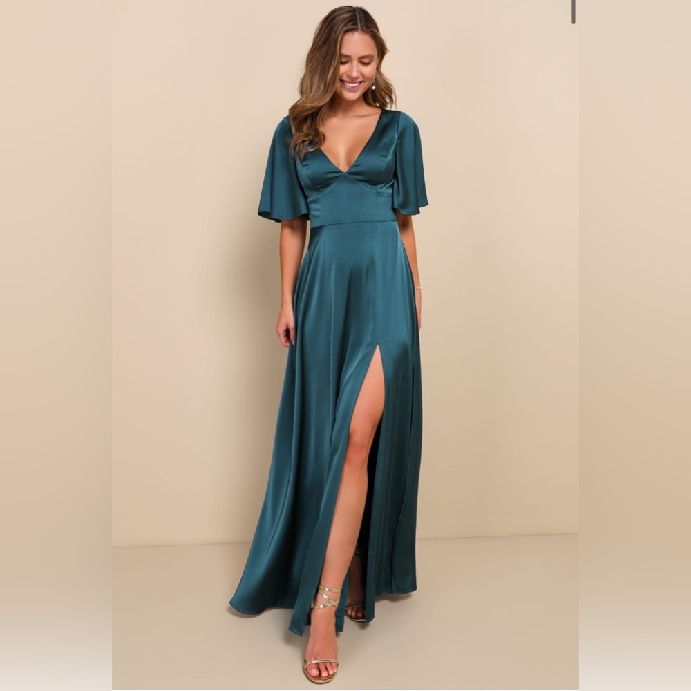 NWT Lulus Elegant Confidence Teal Satin Flutter Sleeve Cutout Maxi Dress